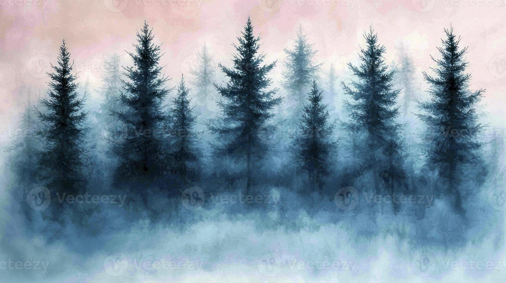 A painting of trees in the fog with a pink sky photo