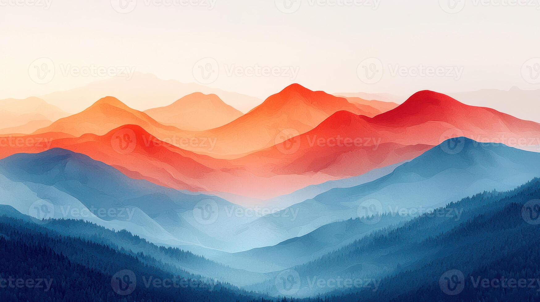 An abstract painting of mountains with blue and red colors photo