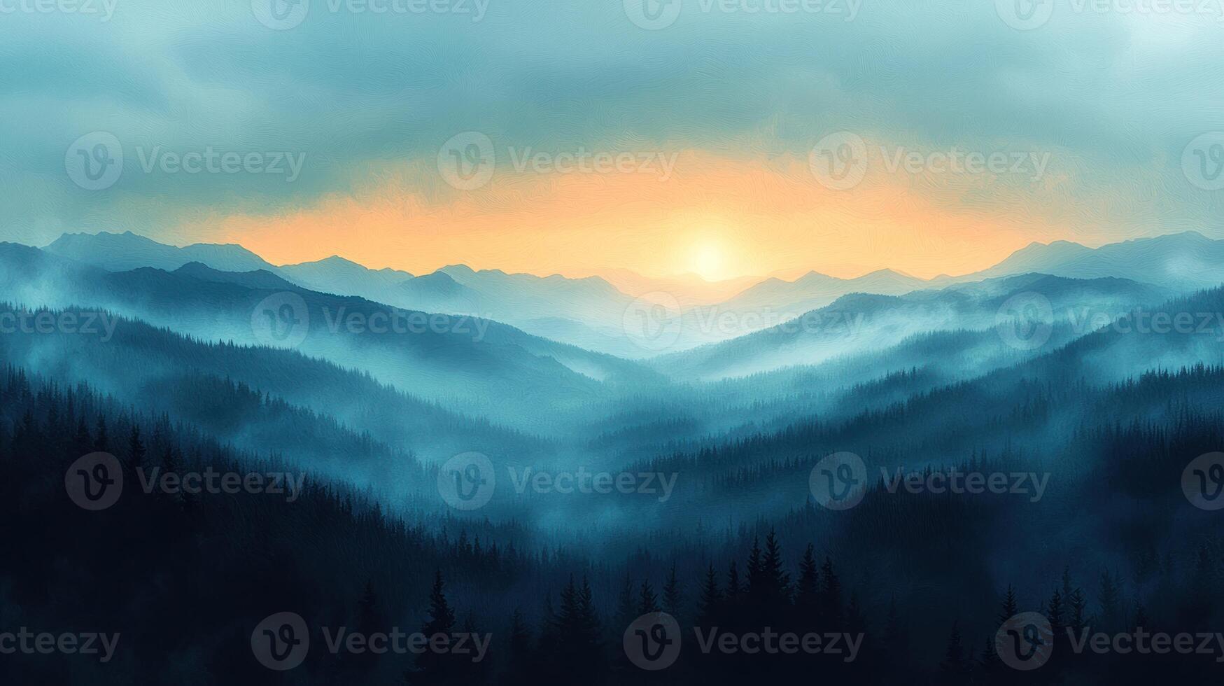 A painting of a mountain landscape with the sun setting photo