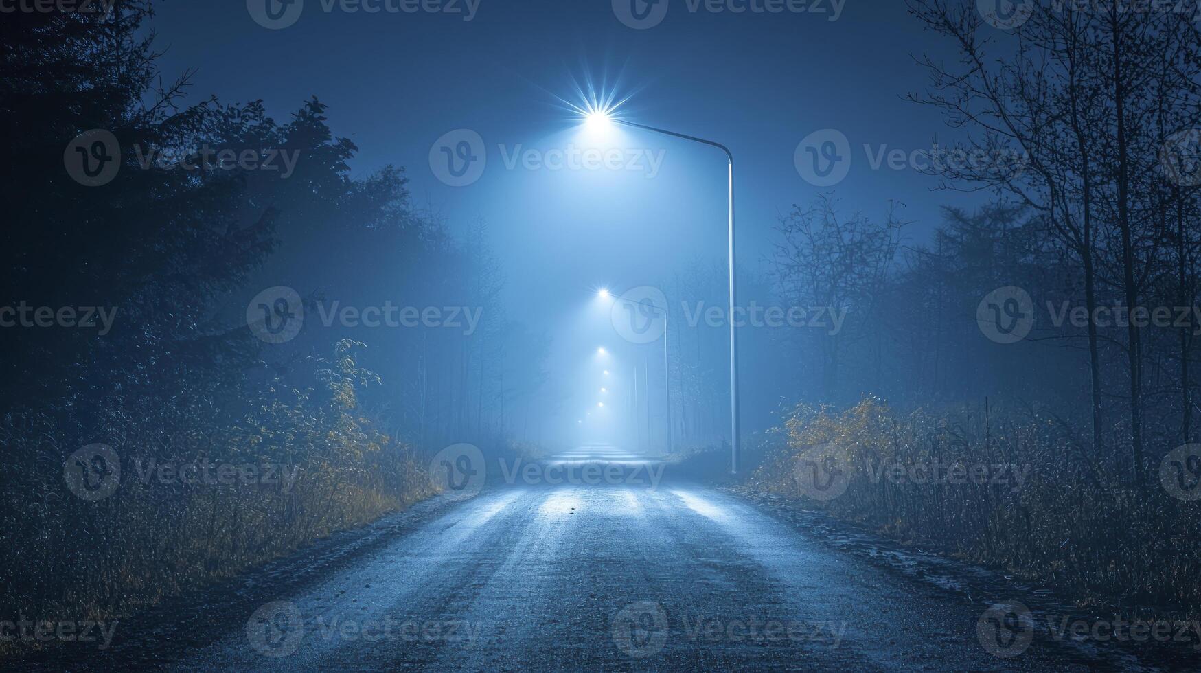 A road with a light shining down on it at night photo