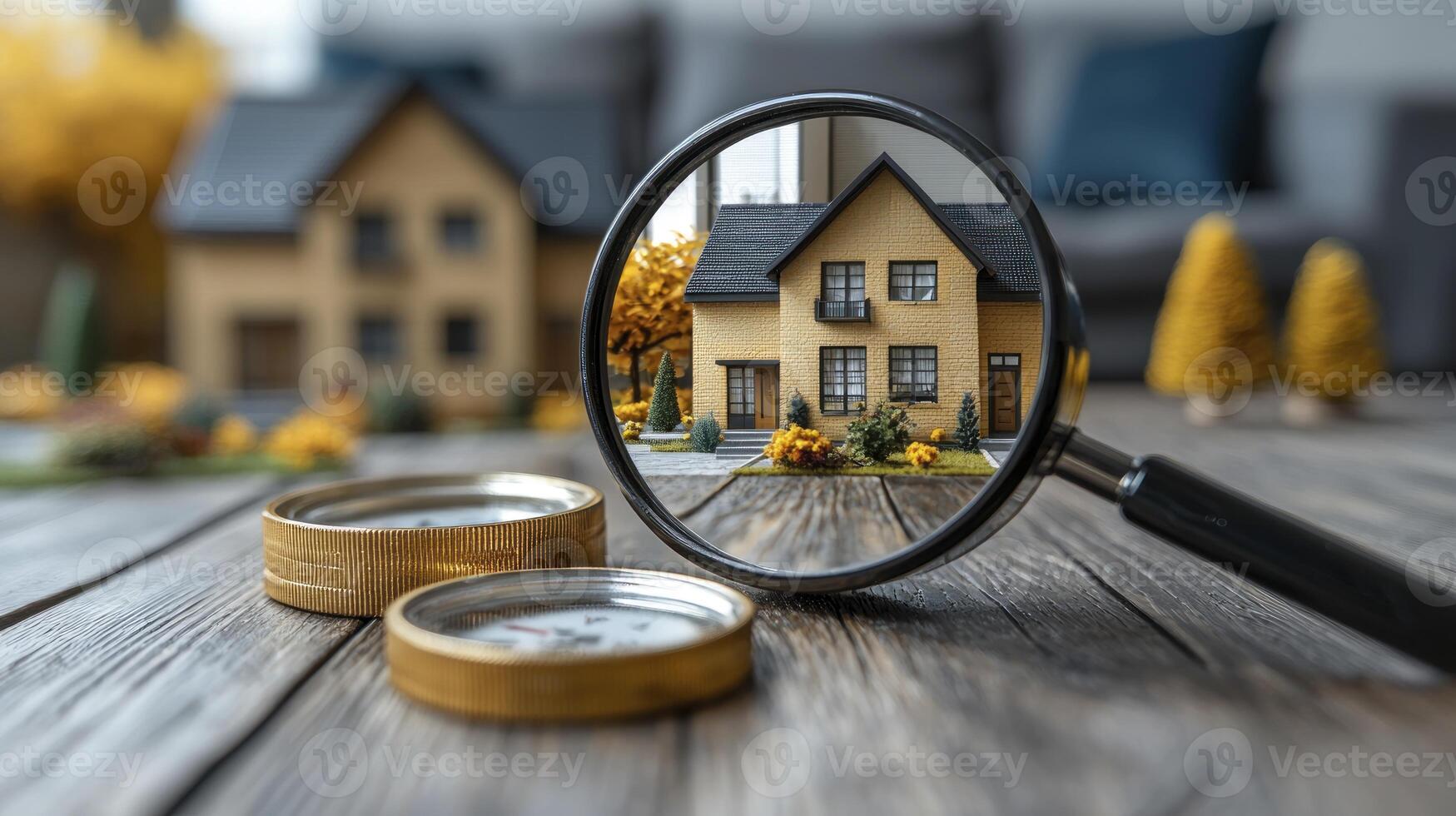 A magnifying glass is used to look at a house model photo