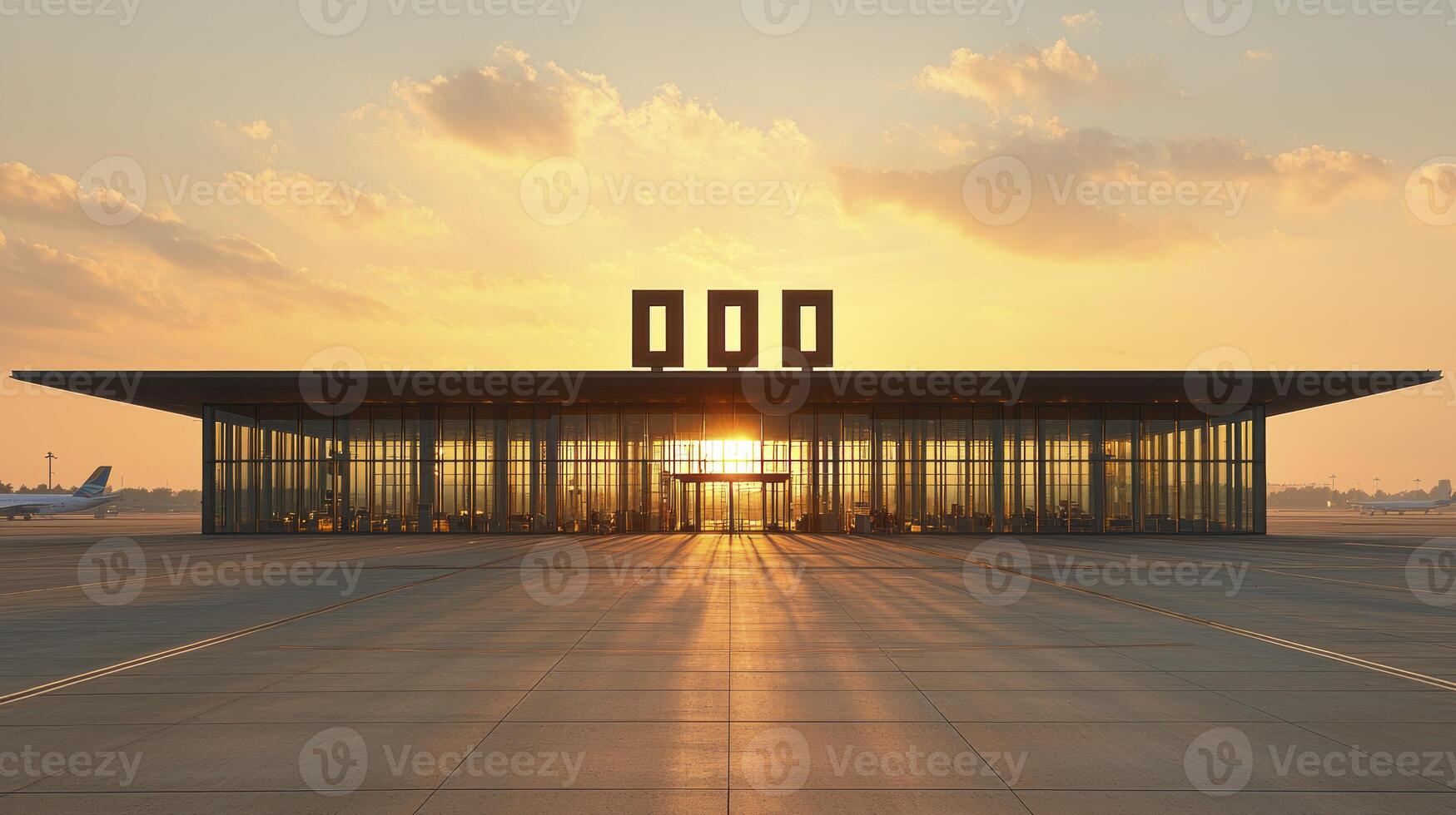 A large building with a large plane on the tarmac photo