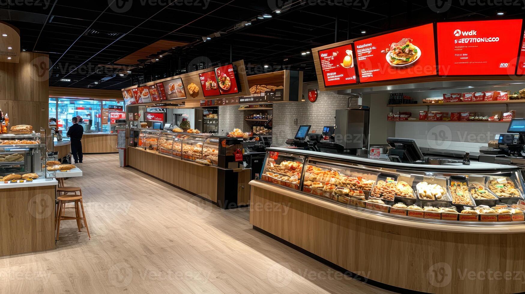 A fast food restaurant with a counter and a display case photo