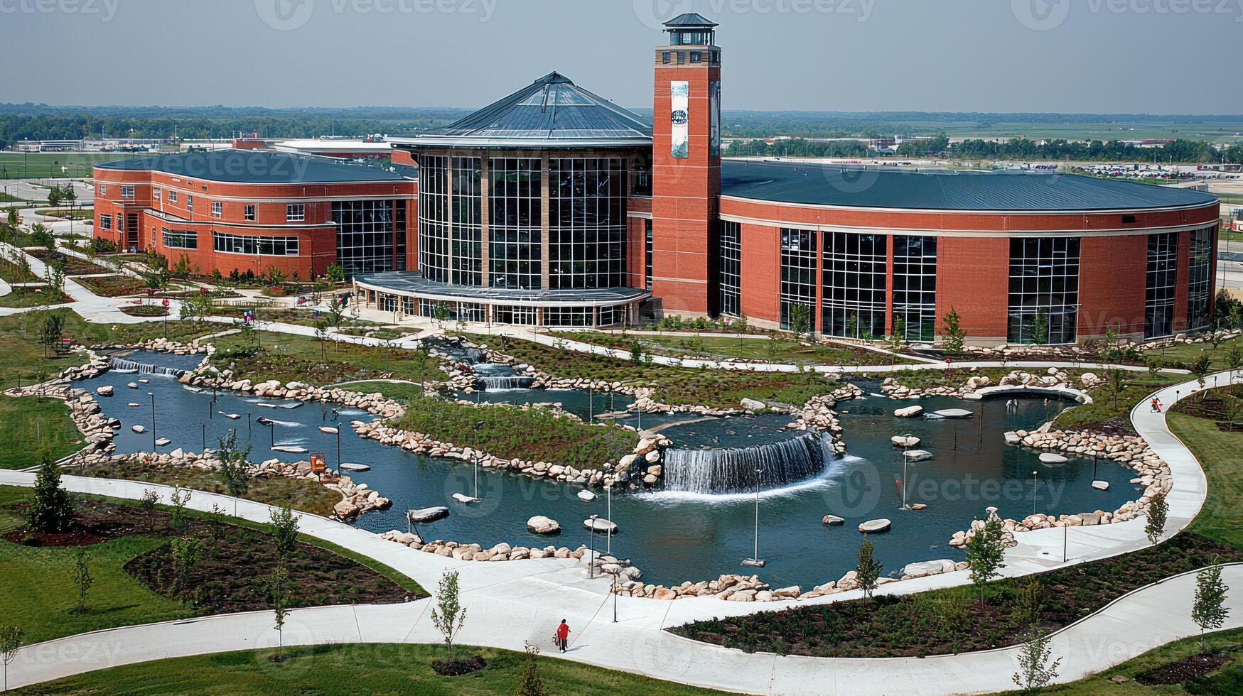 A large building with a fountain in front of it photo