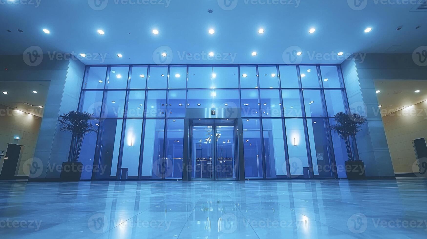 A large glass door in a building with lights on photo
