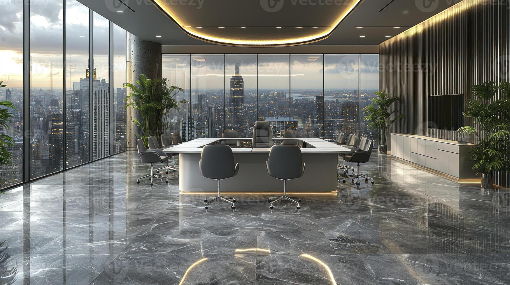A modern office with a large window and a view of the city photo