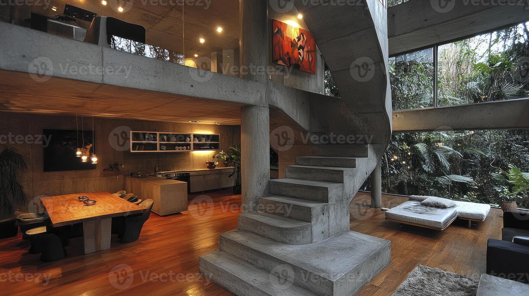 A modern home with a spiral staircase and a dining area photo