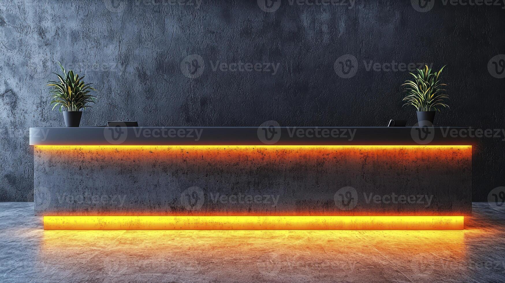 A concrete reception desk with orange lights photo