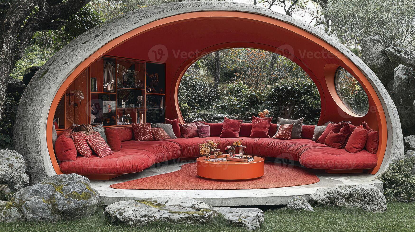 A large red couch in a concrete structure photo