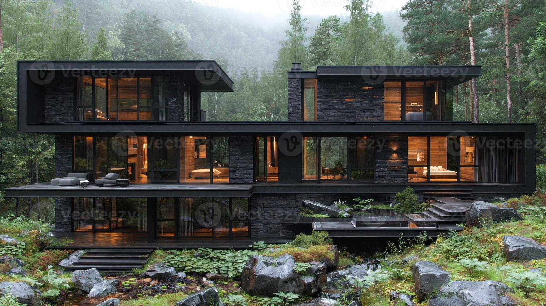 A modern house in the woods with lots of trees photo