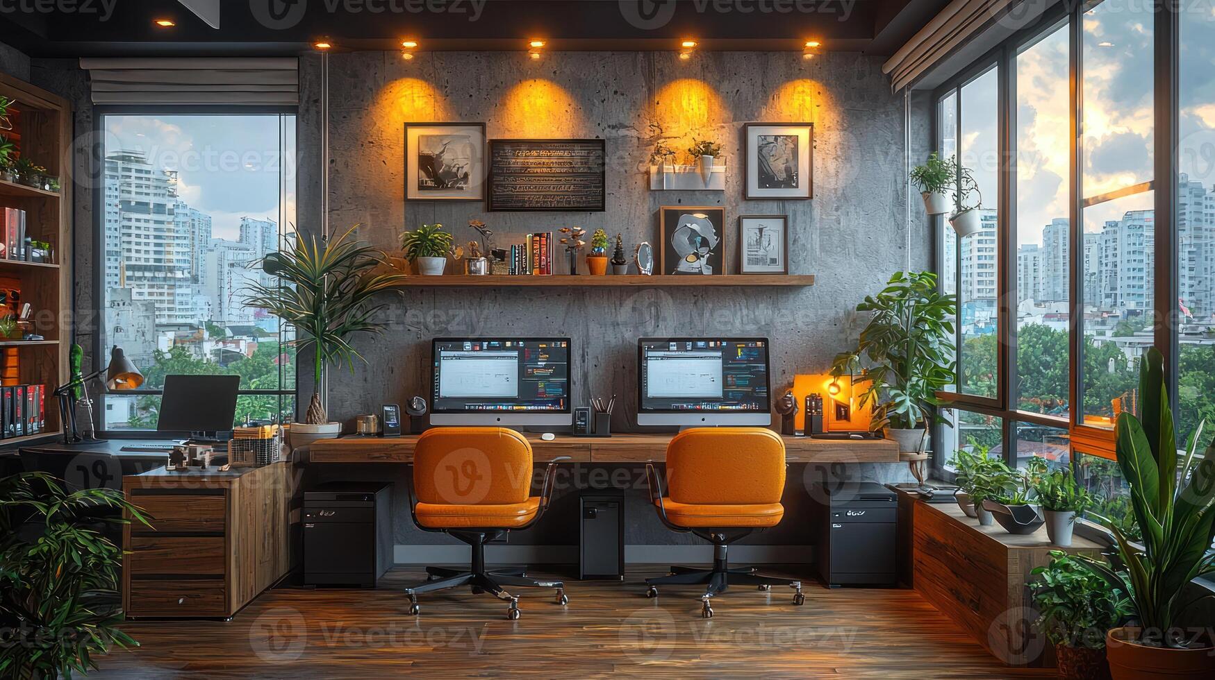 A home office with two computers and a desk photo