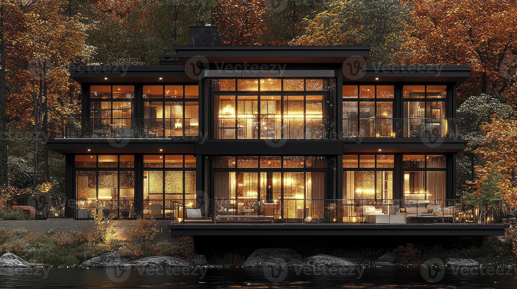 A modern home with a lake view photo