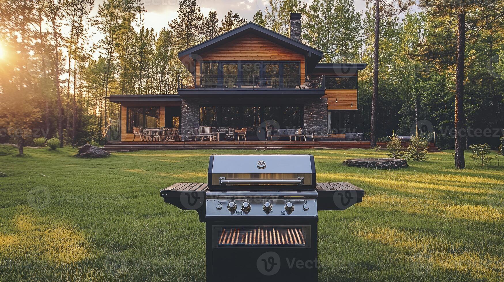 A grill and a house in the background photo