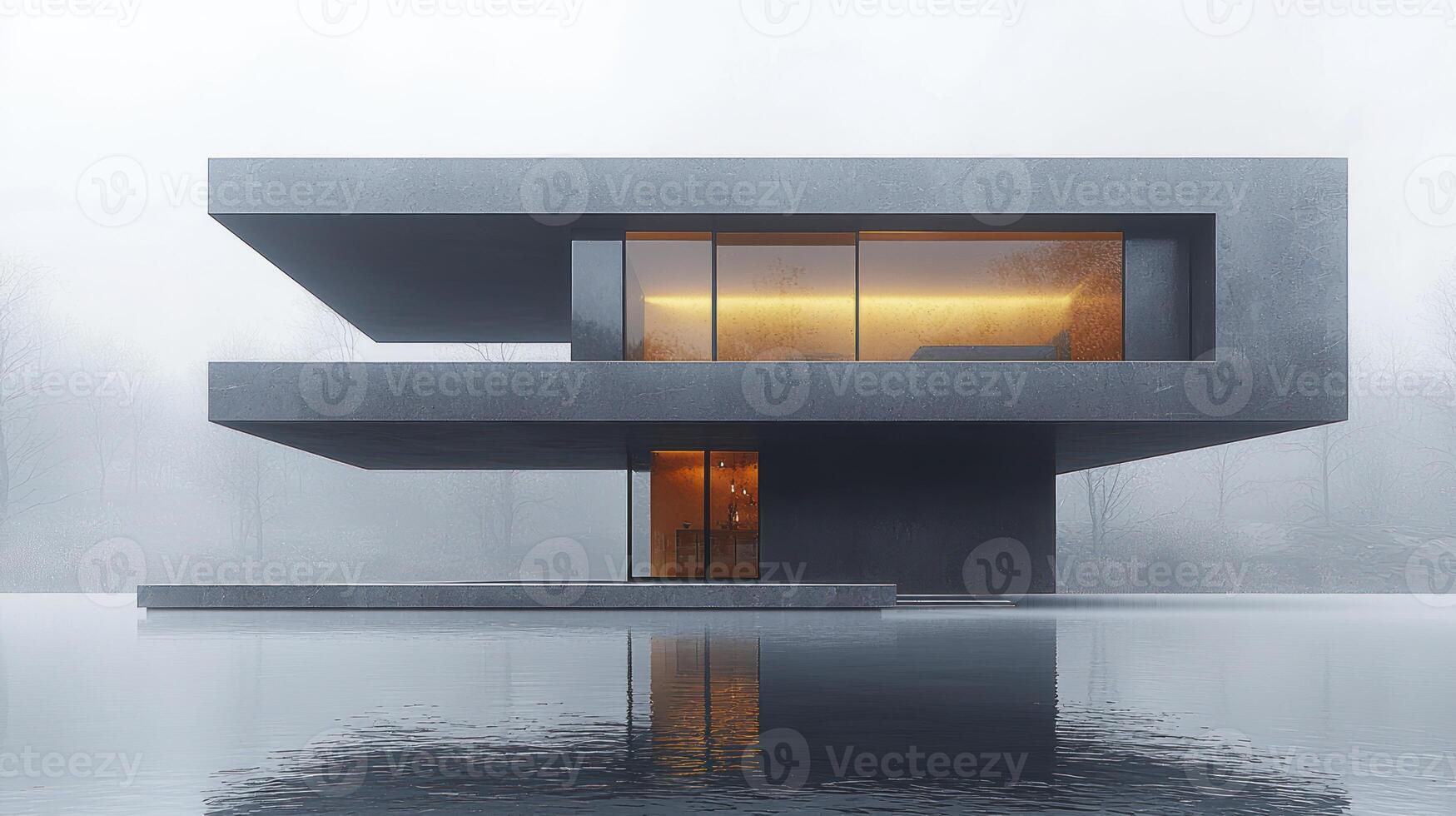 A modern house in the middle of a lake photo