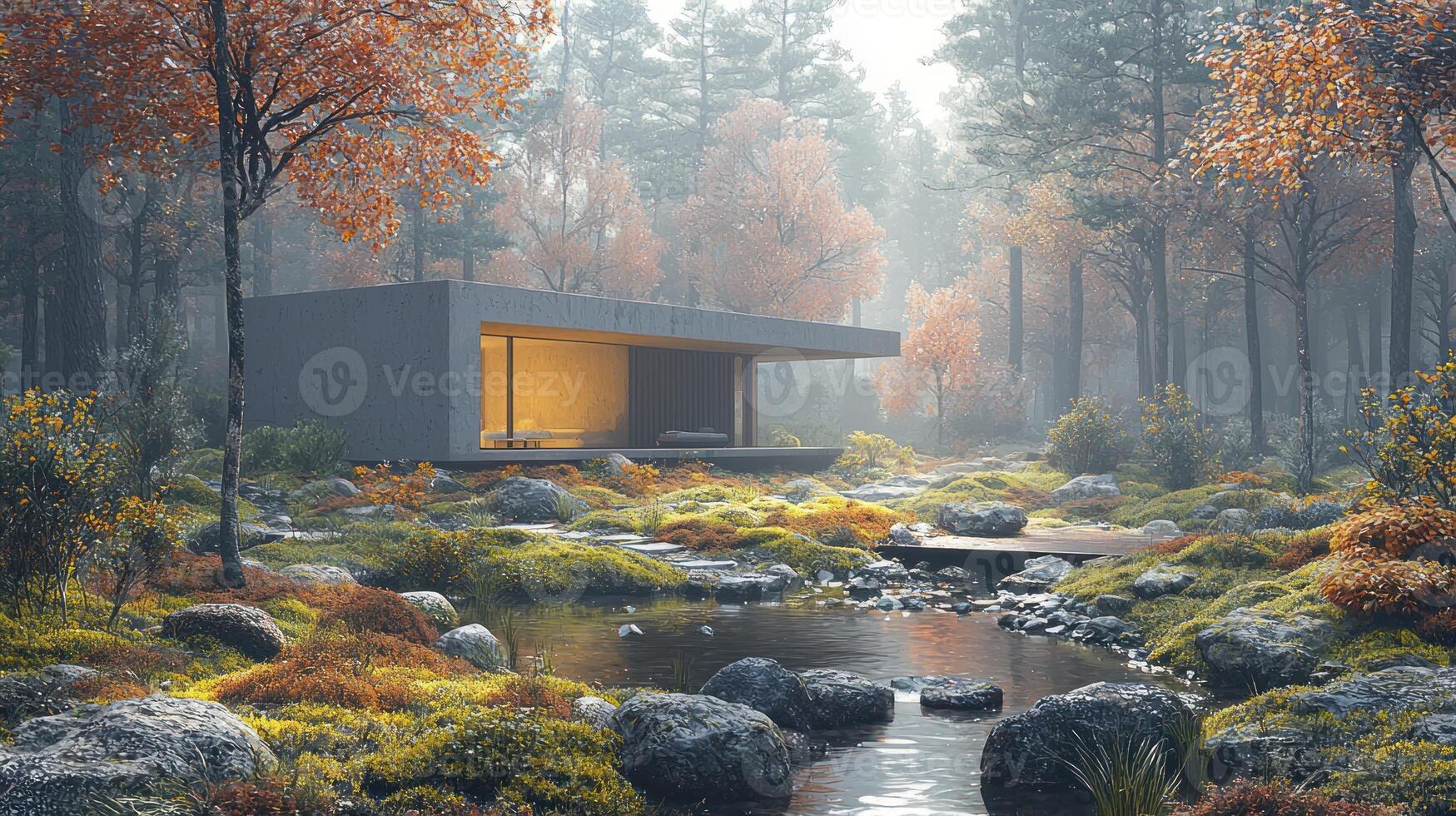 A house in the woods surrounded by trees photo