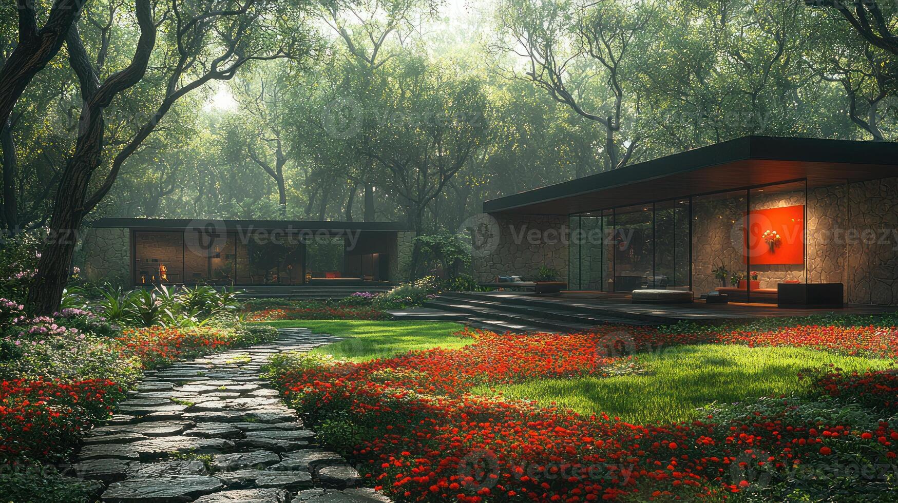 A house in the woods with a path and flowers photo