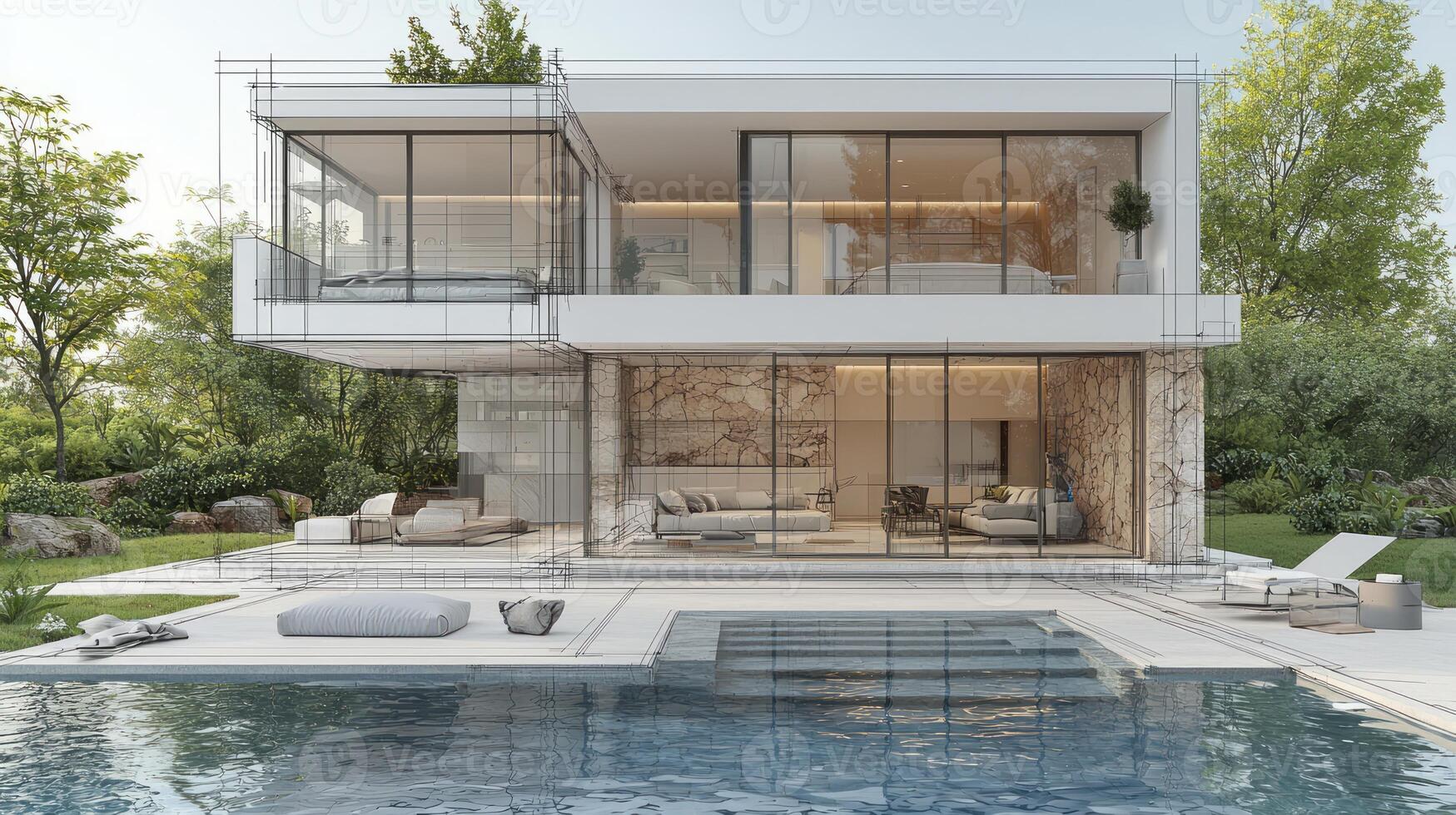 Modern house with swimming pool 3d rendering photo