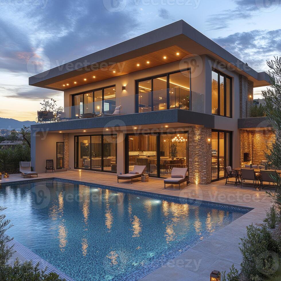 A large house with a pool and patio area photo