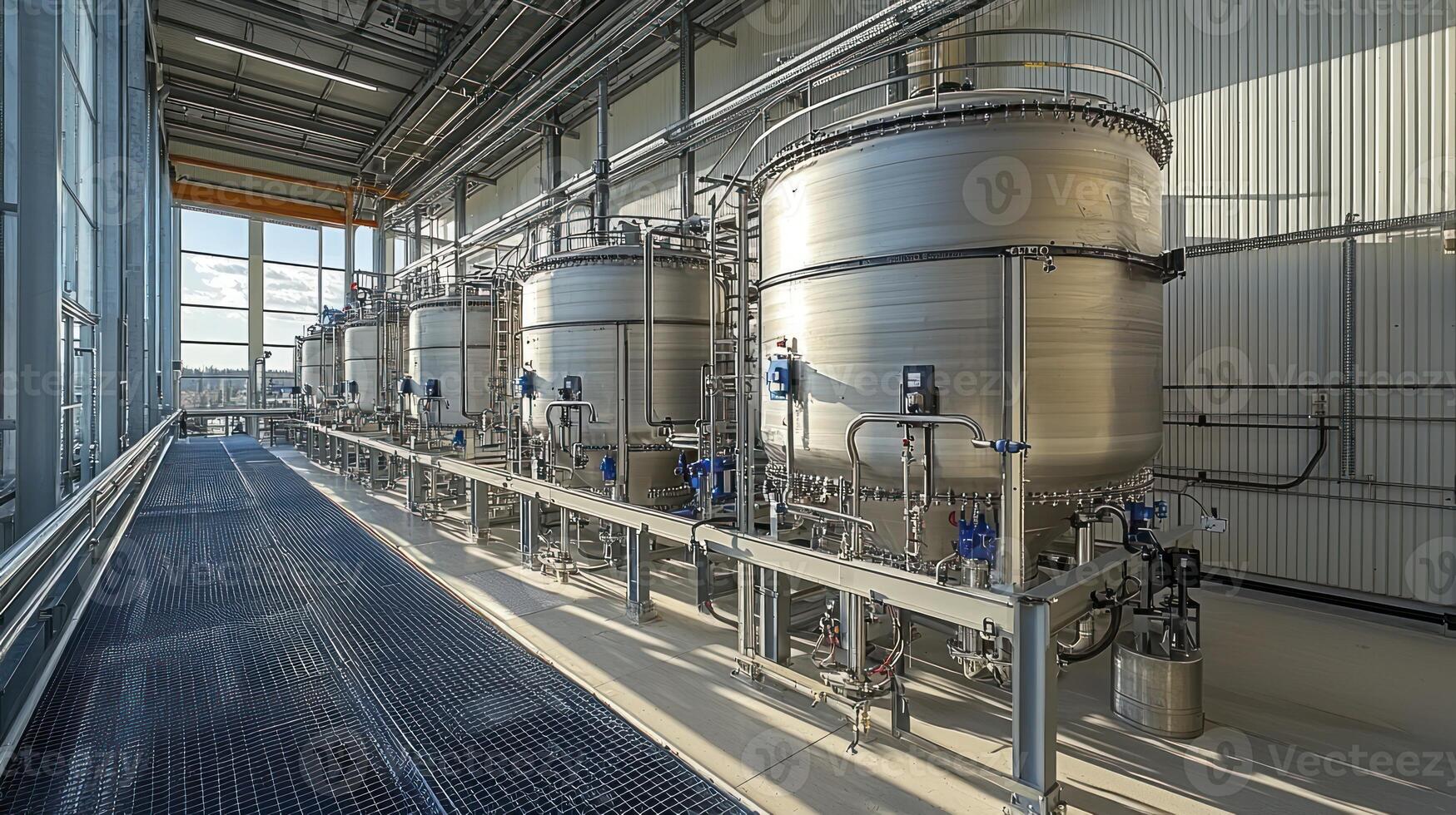 A large industrial building with tanks and pipes photo