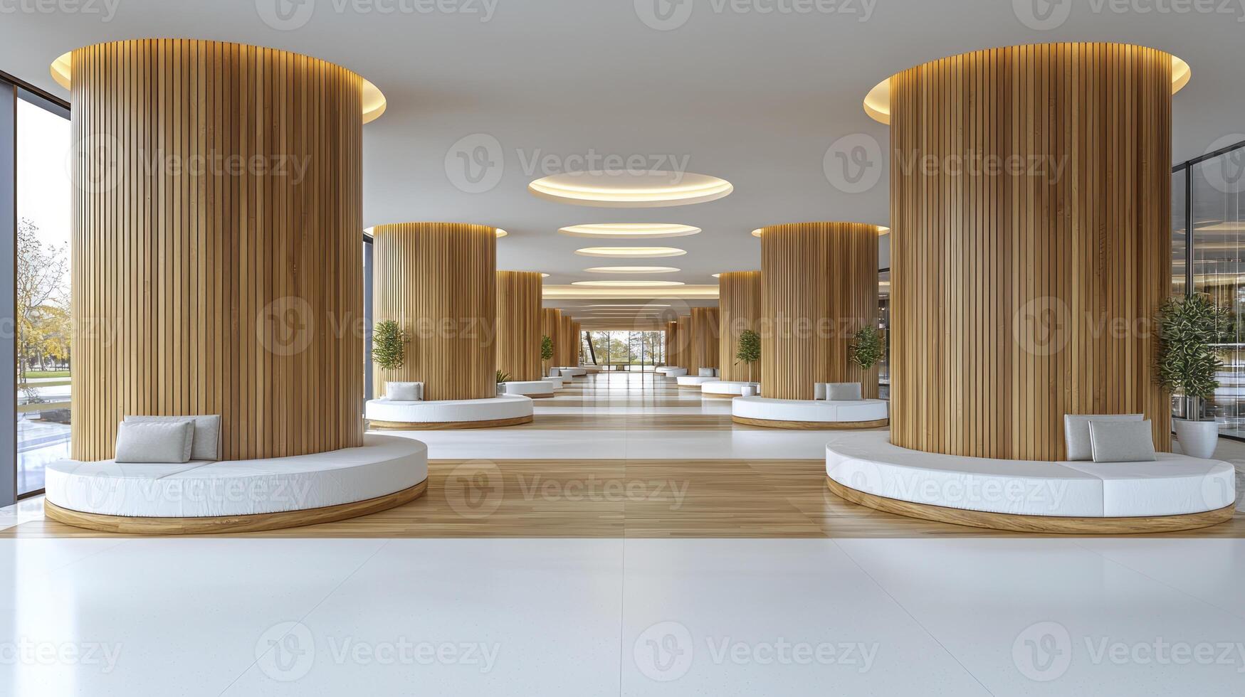 Modern lobby with wooden columns and white couches photo