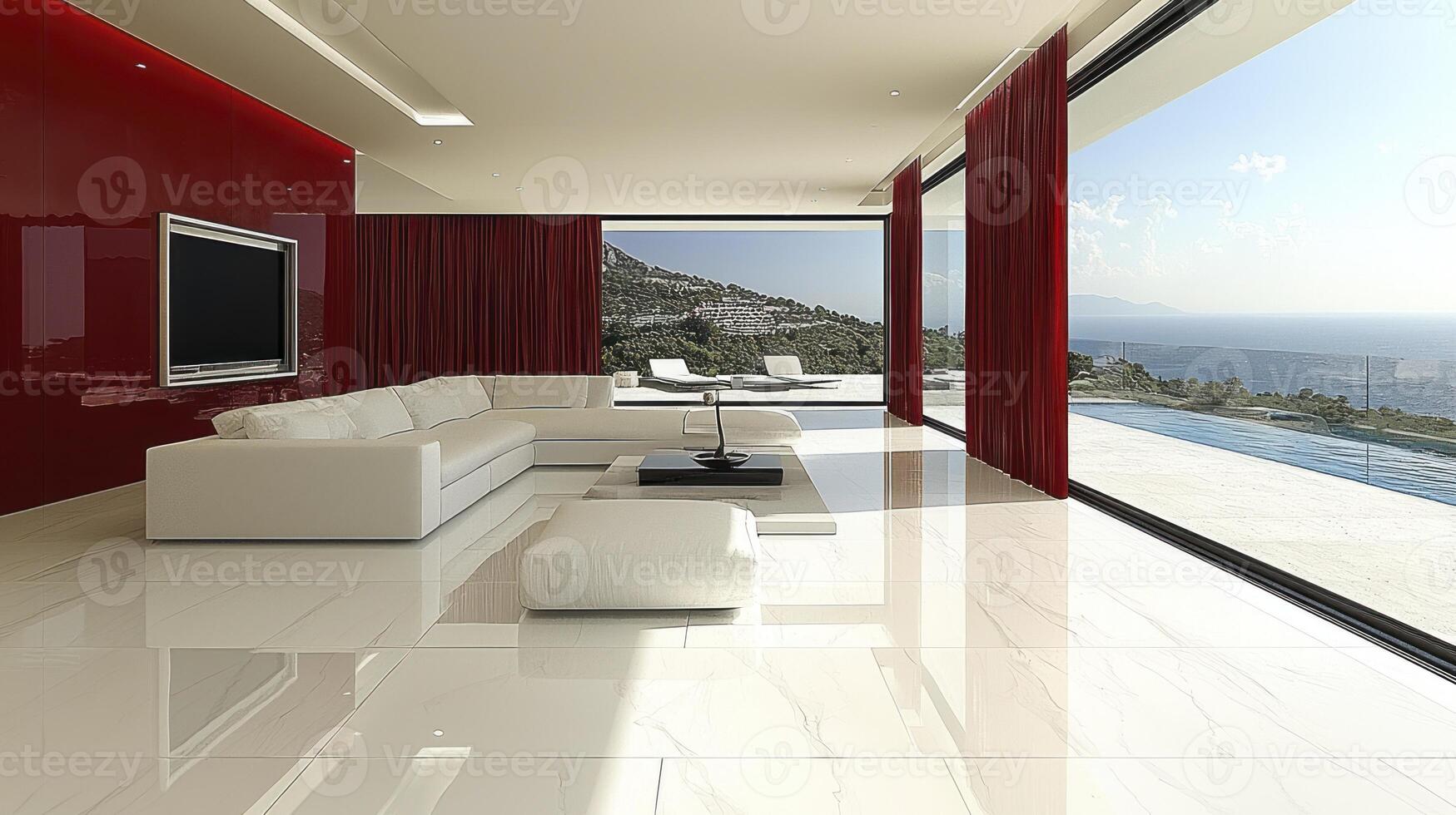 A living room with a large window overlooking the ocean photo