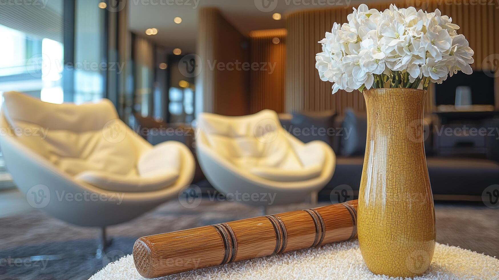 A vase with white flowers sitting on a table photo