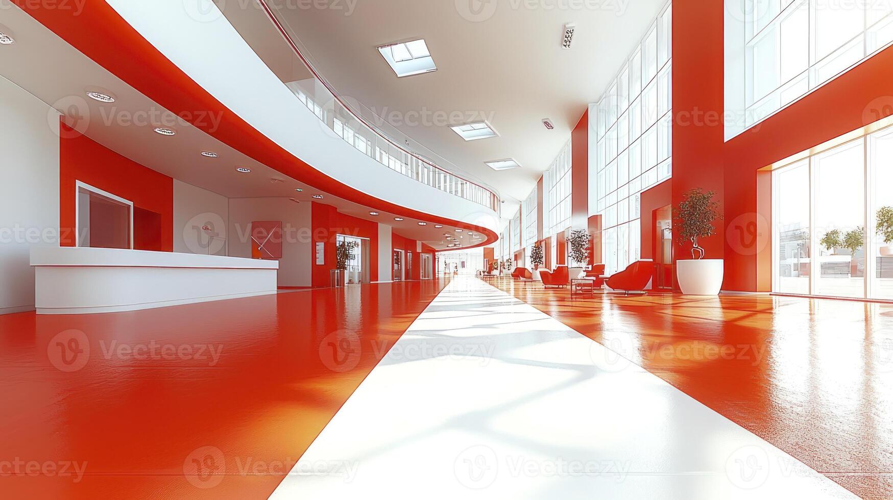 A long hallway with red and white walls photo