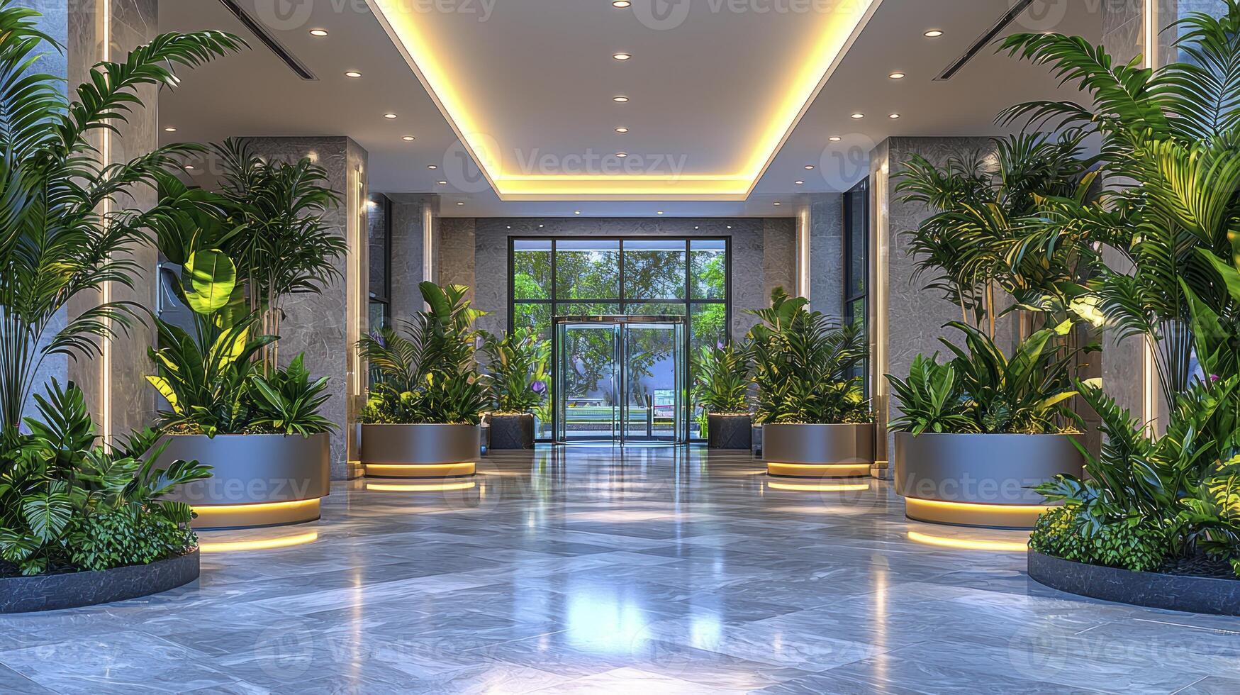 A modern lobby with lots of plants photo