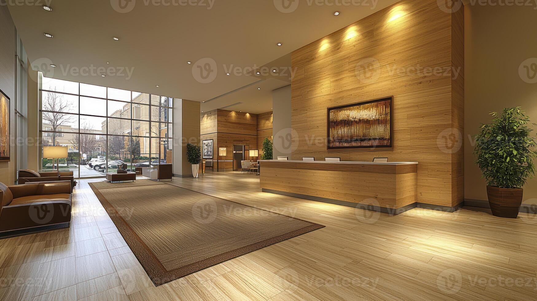 A large lobby with a large wooden wall photo