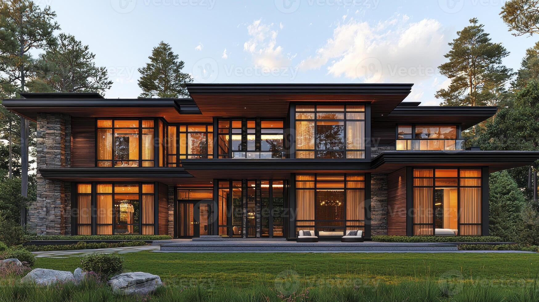 A modern home with large windows and a large lawn photo