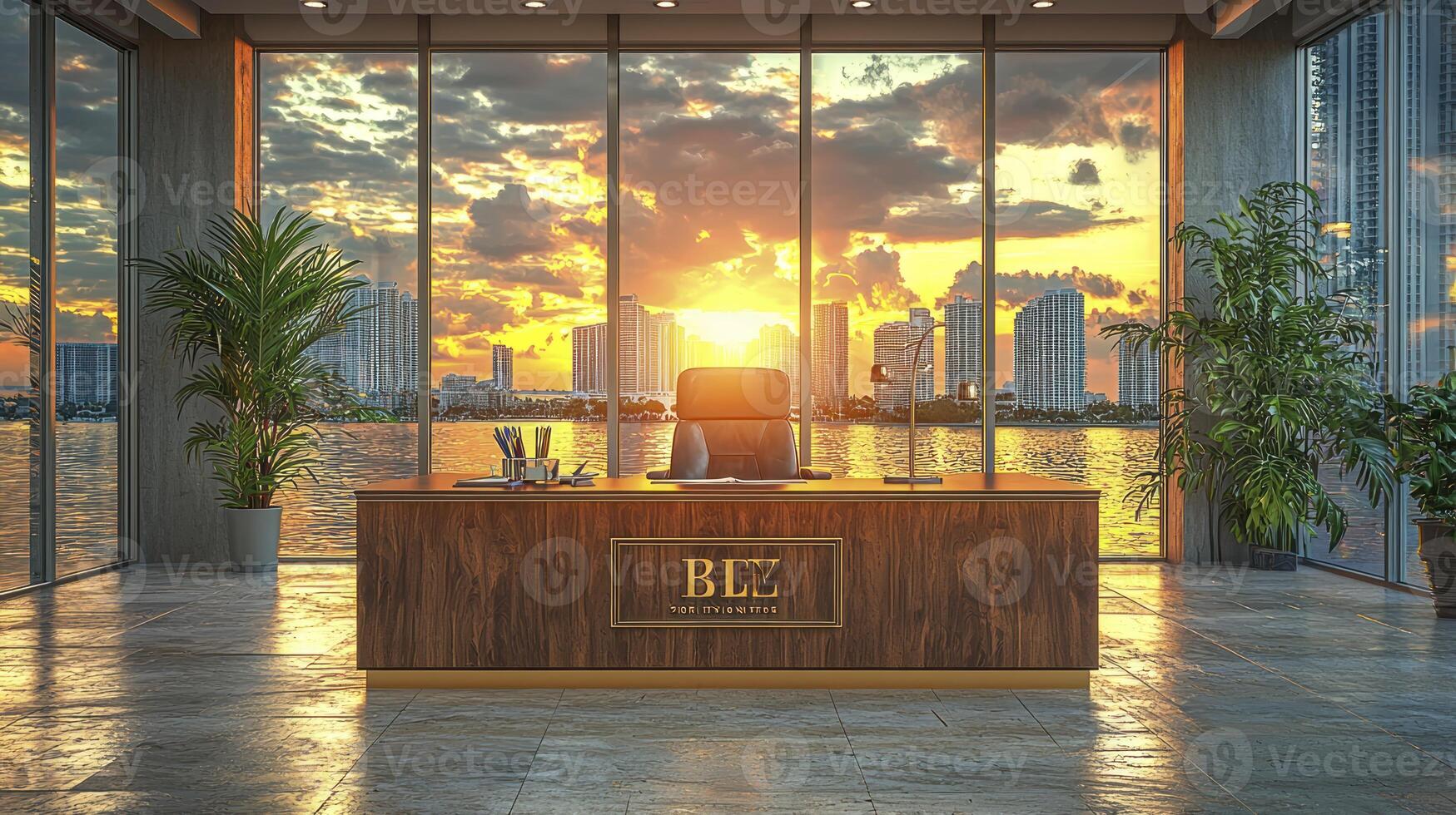 A desk in front of a large window with a view of the city photo