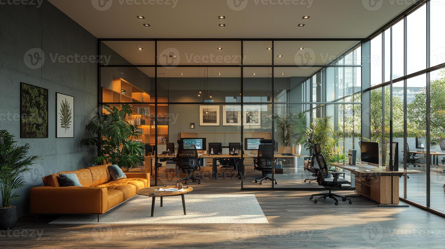 Modern office with large windows and lots of plants photo