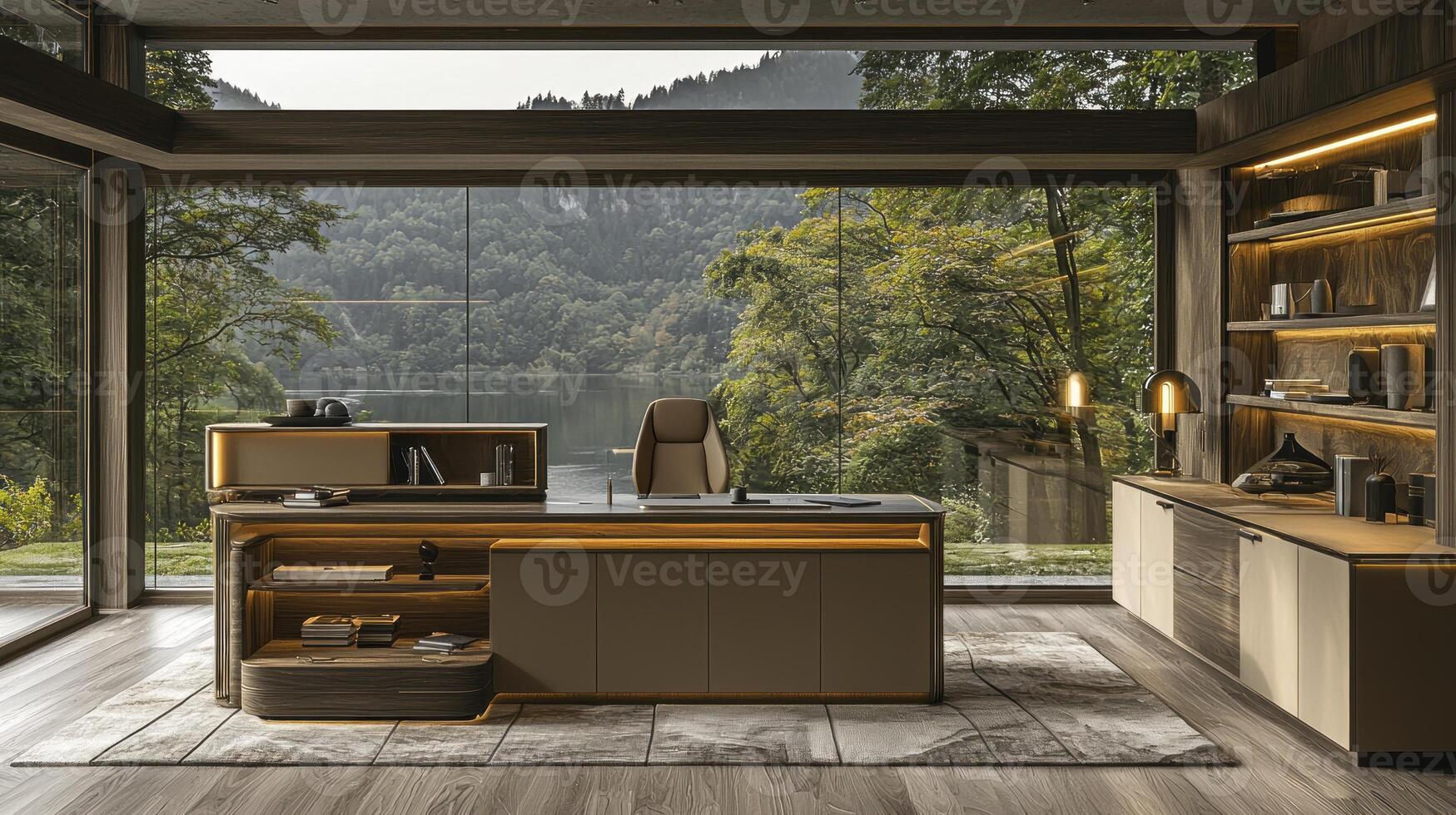 A modern office with a view of the lake photo