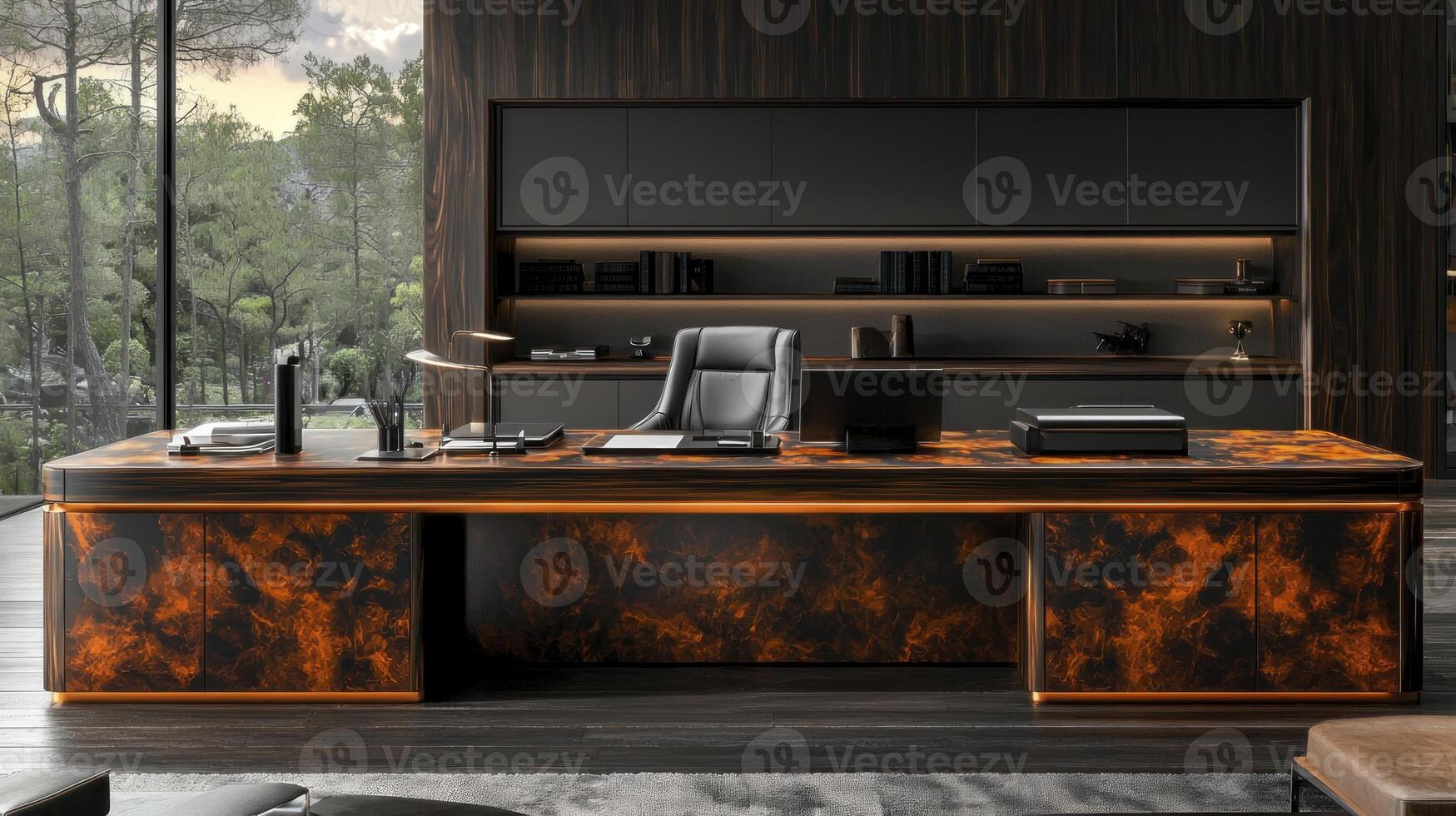 An office desk with a black and brown marble top photo