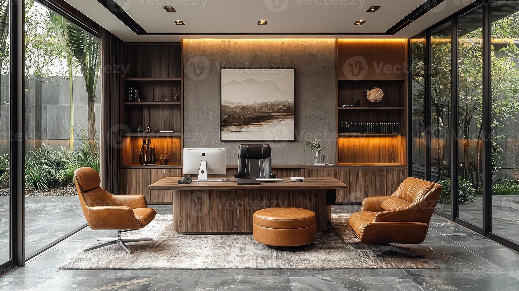 Modern office with wooden furniture and glass walls photo