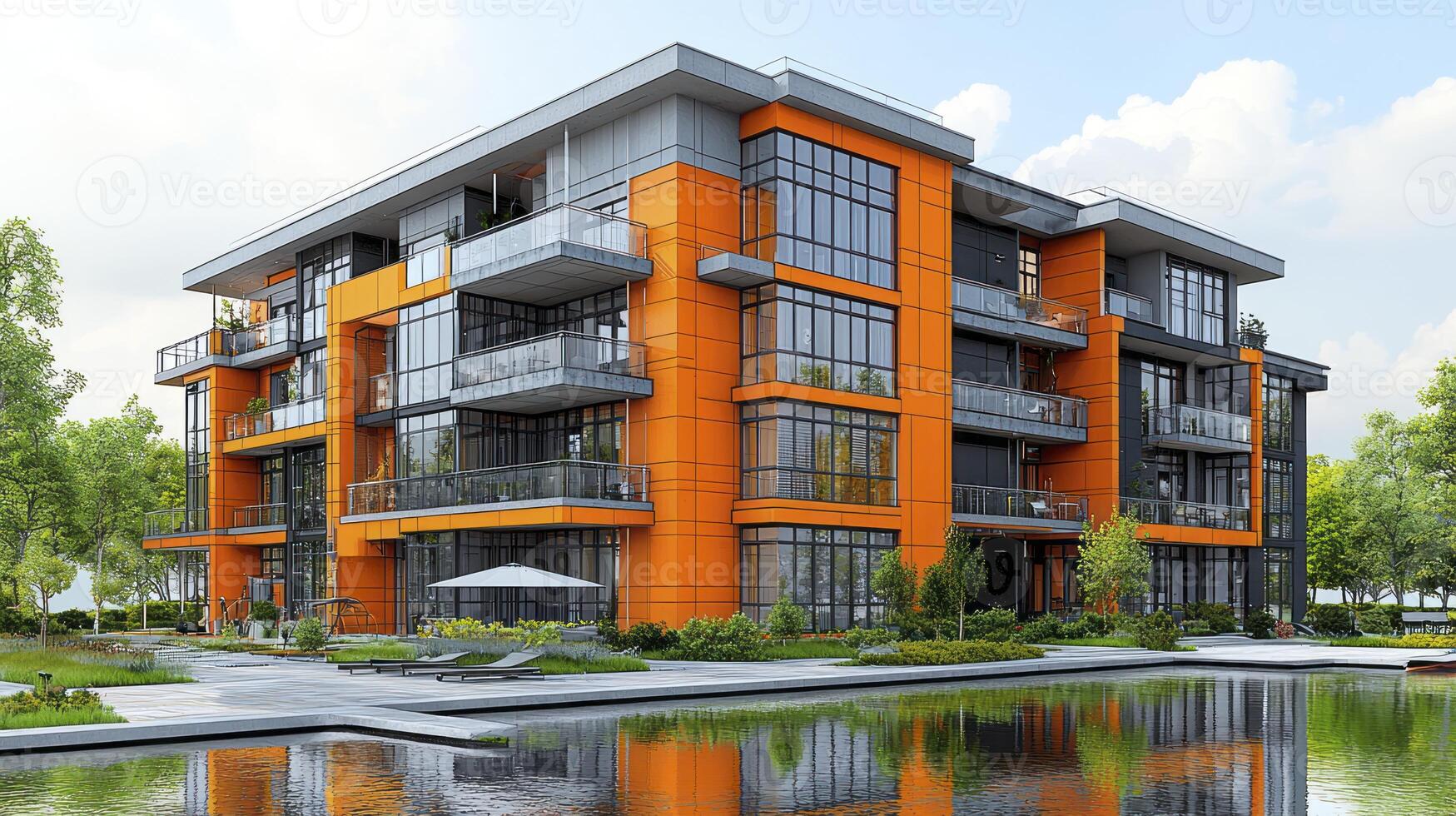 An orange apartment building with a pond in front of it photo