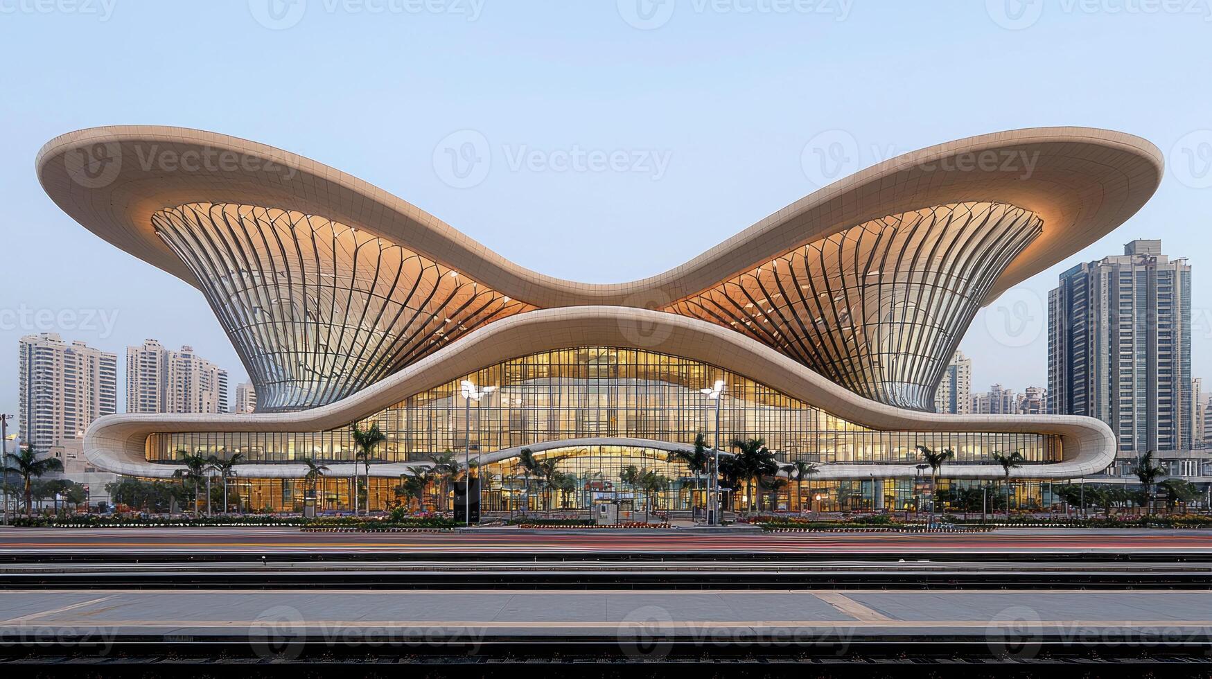 A train station with a large building shaped like a butterfly photo