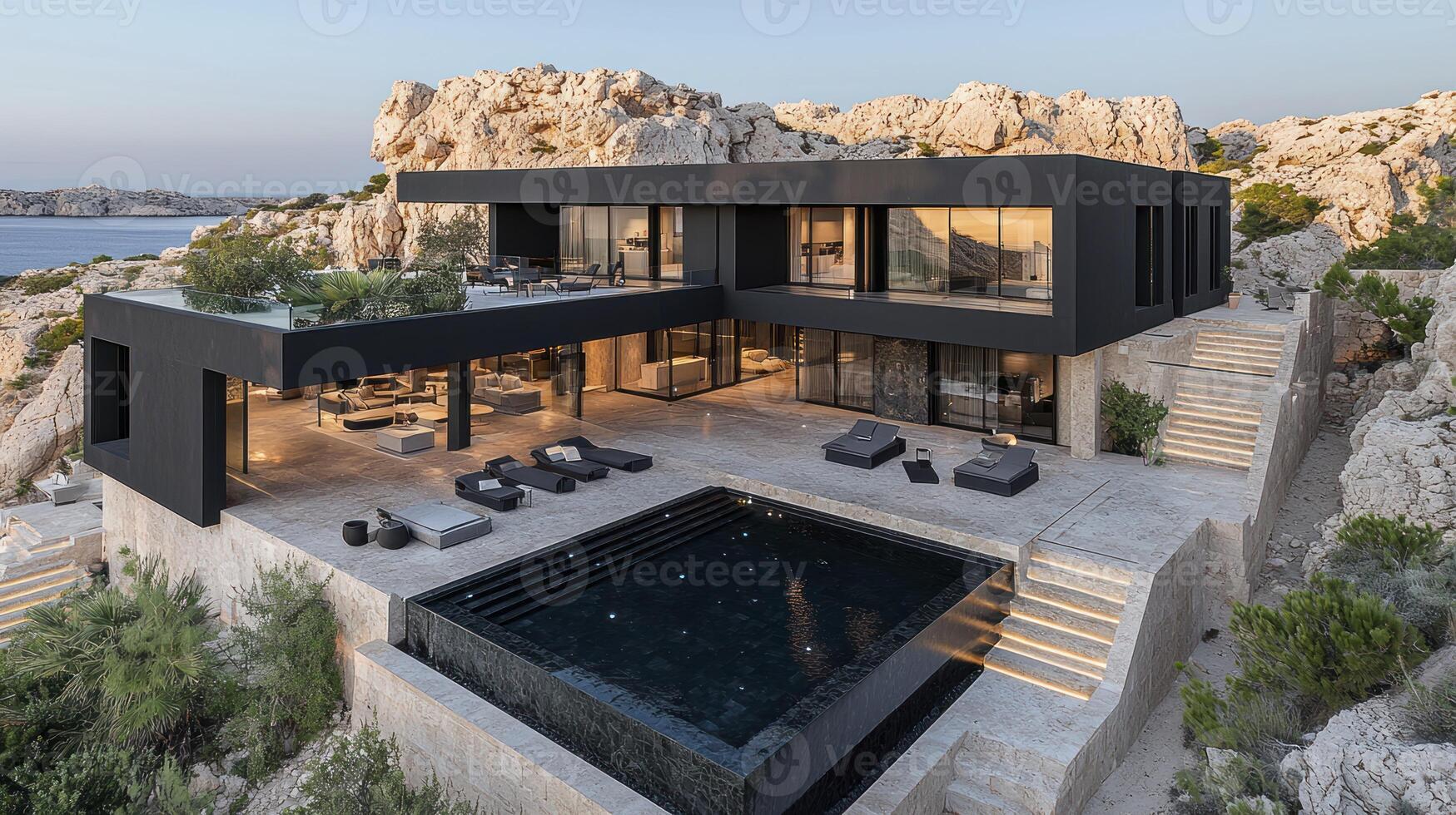 A modern house on the edge of a cliff overlooking the ocean photo