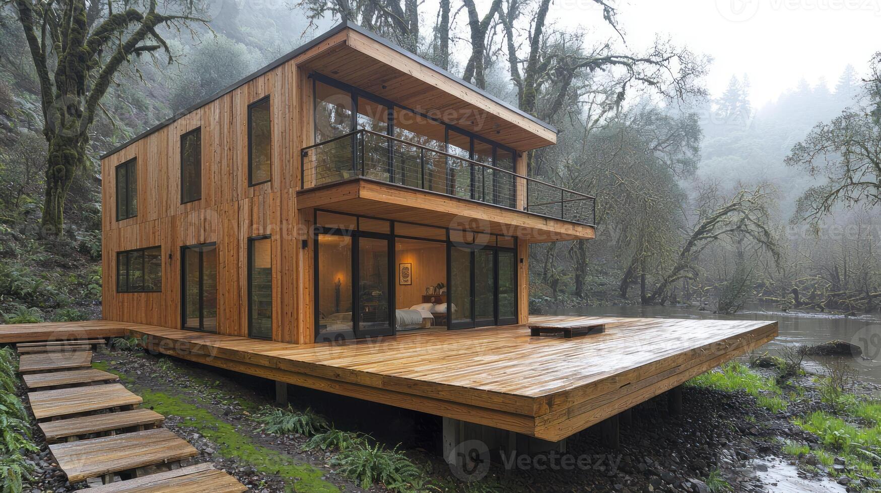 A modern cabin in the woods with a deck photo