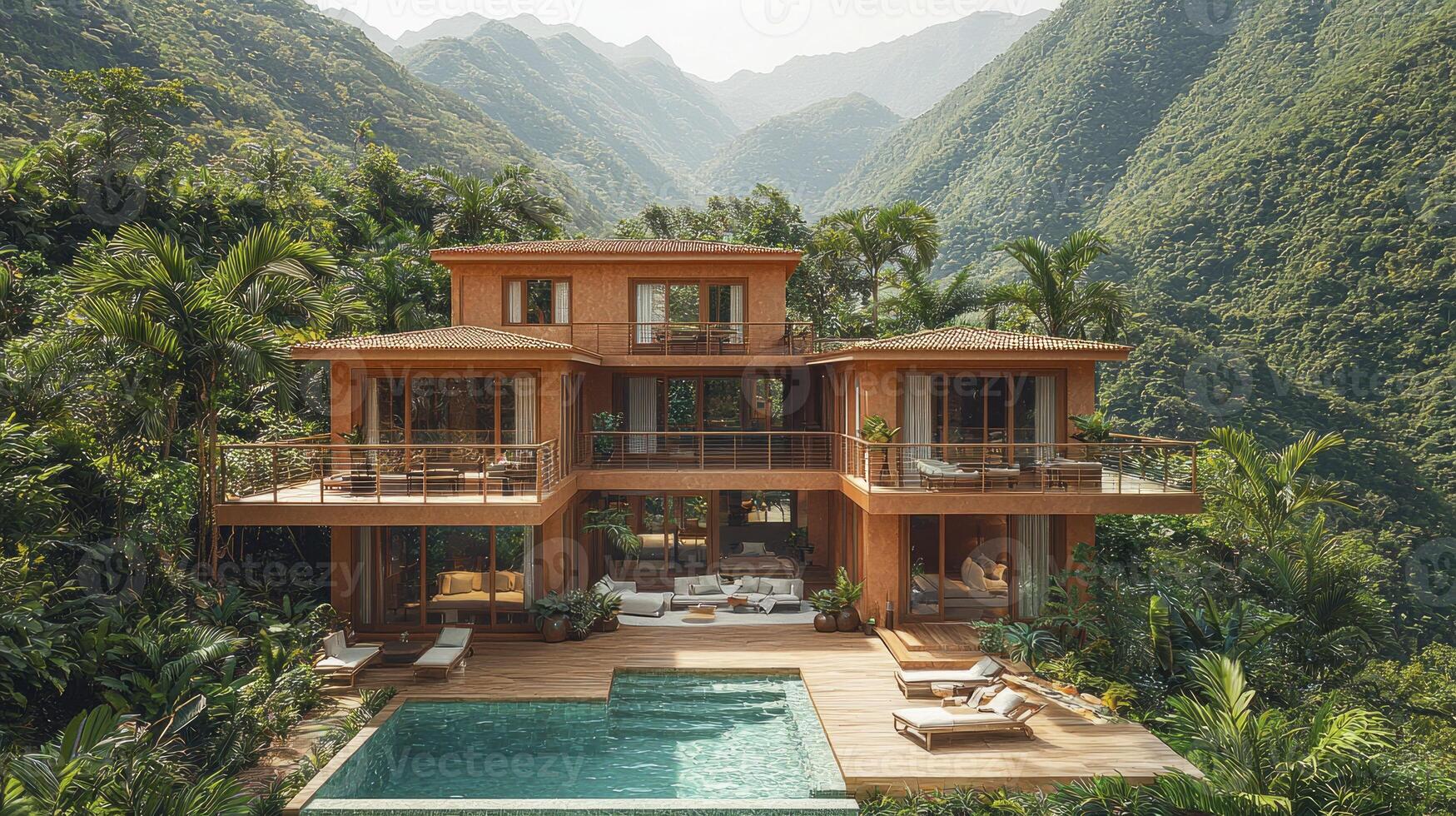 A house surrounded by lush green mountains photo