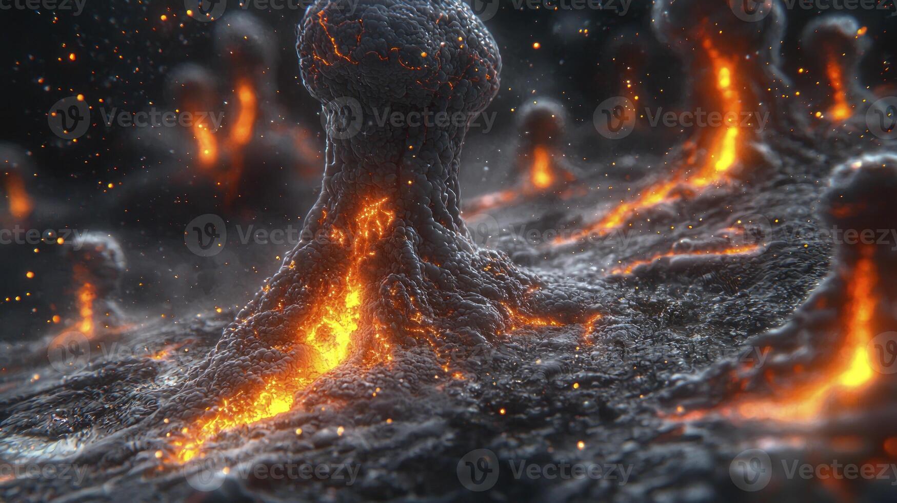 A close up of a volcano with lava and fire photo