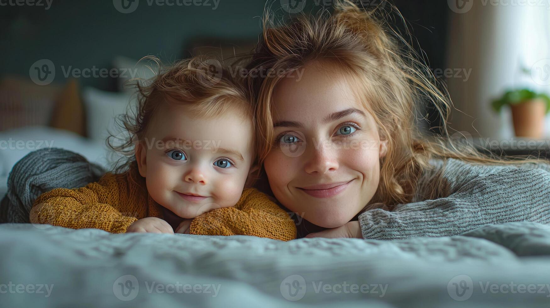 A woman and child laying on a bed photo