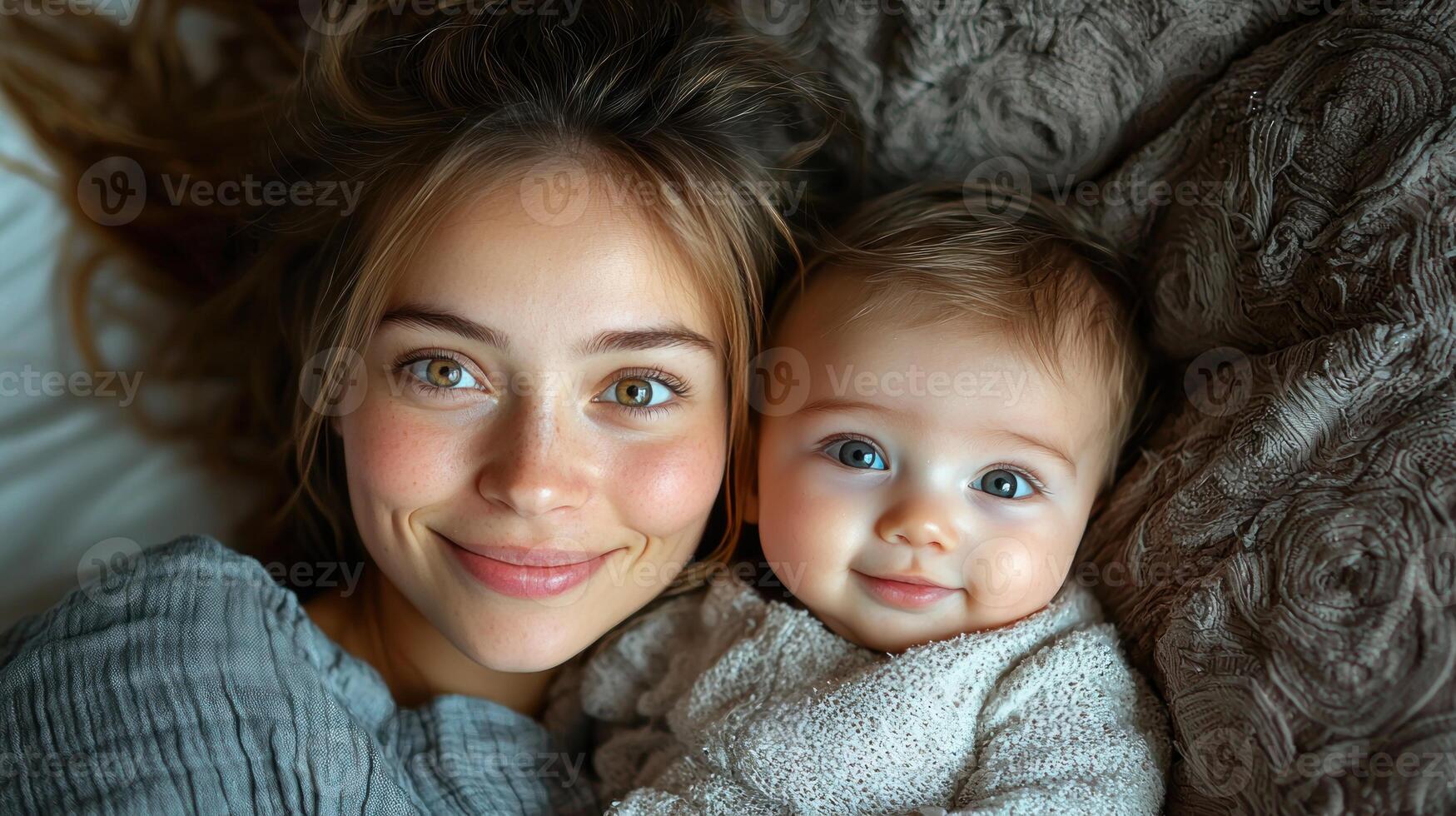 A woman and her baby laying on a bed photo