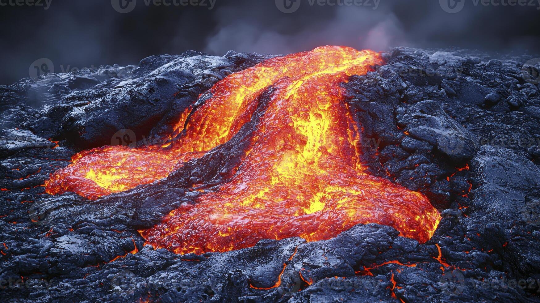 A lava flow is pouring out of a volcano photo