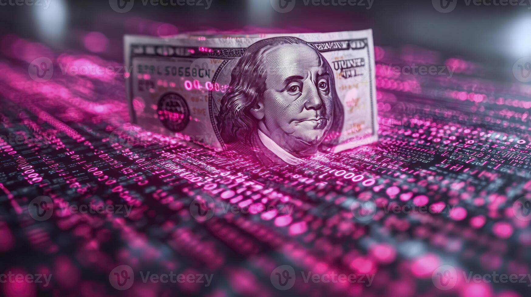 Us dollar banknote on a pink background with binary code photo
