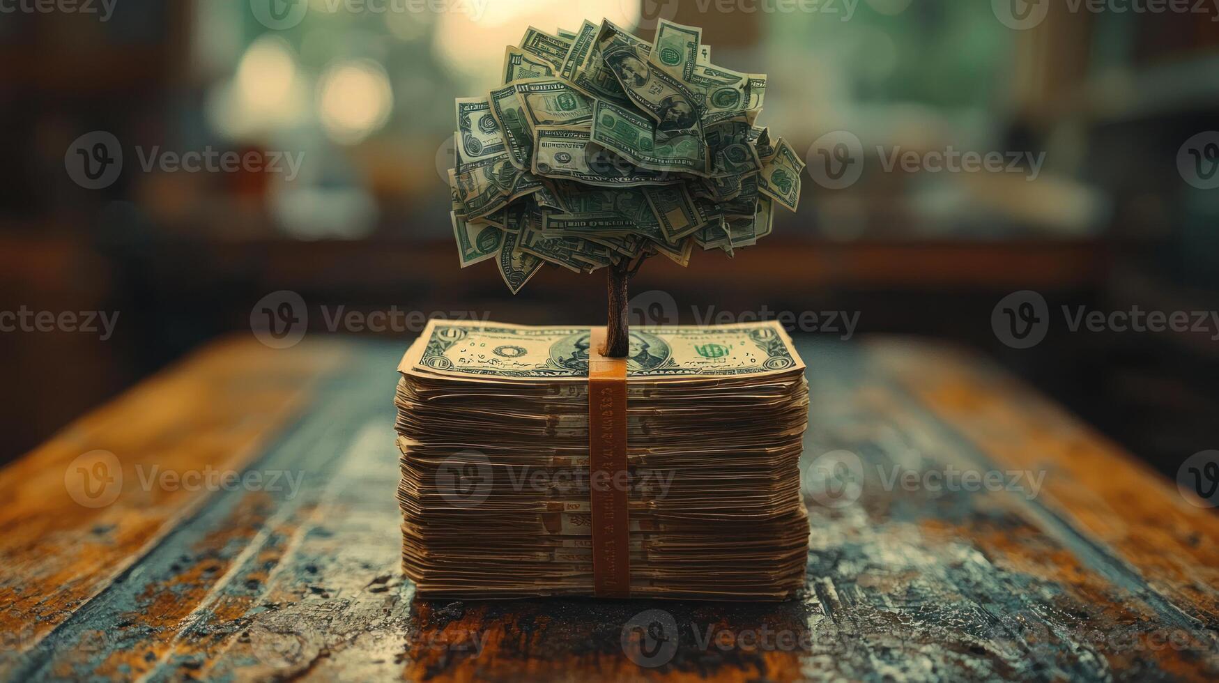 Money tree on wooden table photo