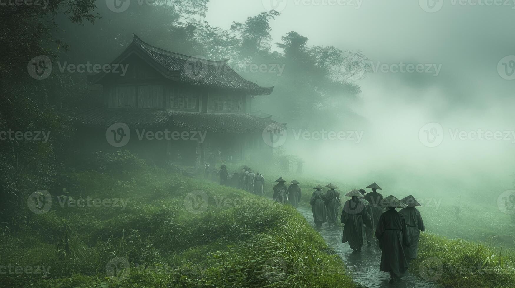 A group of people walking down a path in the fog photo