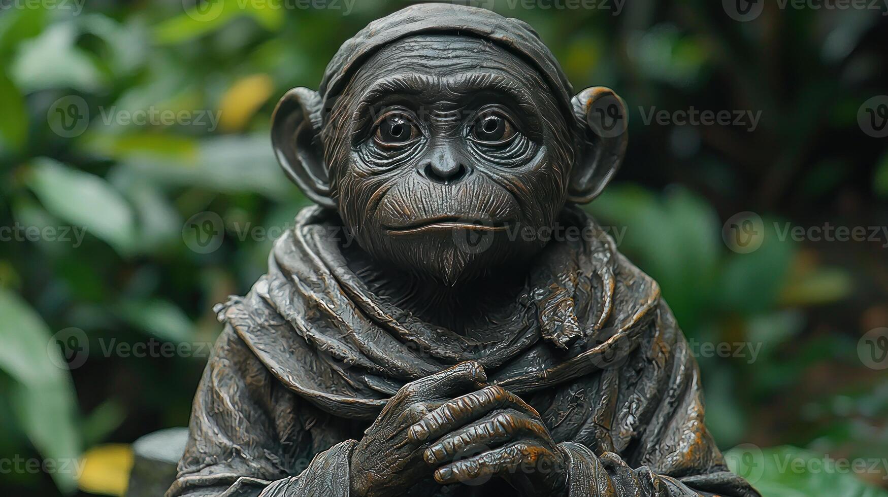 A statue of a monkey with a scarf on its head photo