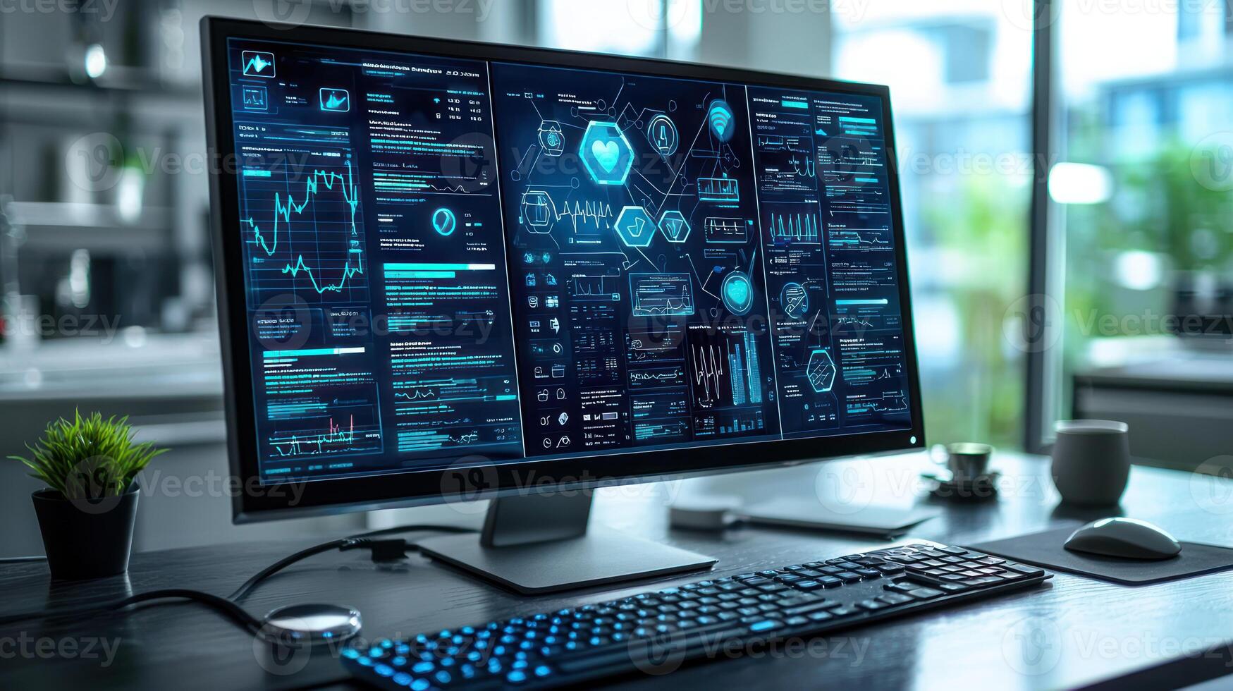 A computer monitor with a digital interface on it photo
