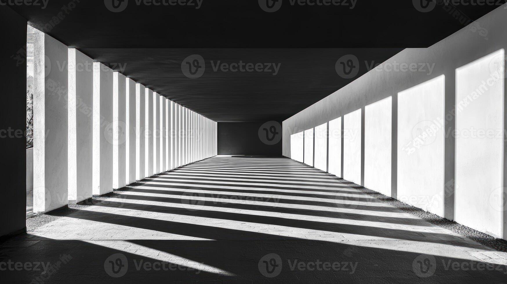 Black and white photo of a long hallway with shadows
